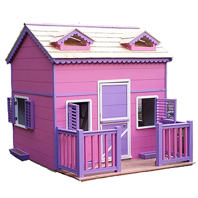 Pink playhouse with loft and front porch
